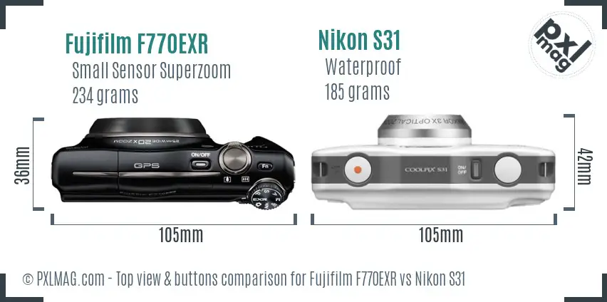 Fujifilm F770EXR vs Nikon S31 top view buttons comparison