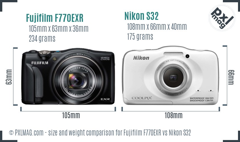 Fujifilm F770EXR vs Nikon S32 size comparison