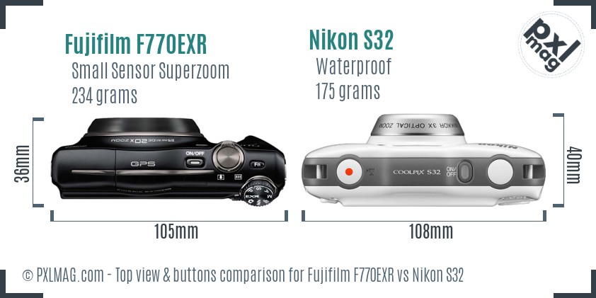 Fujifilm F770EXR vs Nikon S32 top view buttons comparison