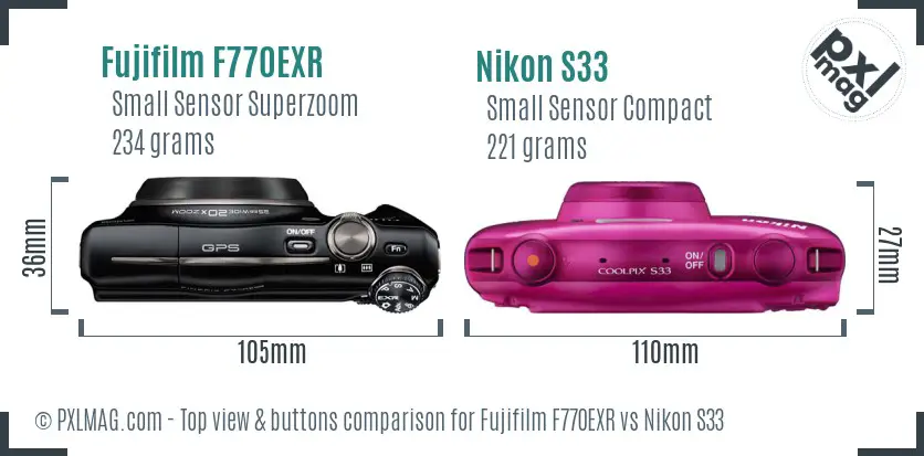 Fujifilm F770EXR vs Nikon S33 top view buttons comparison