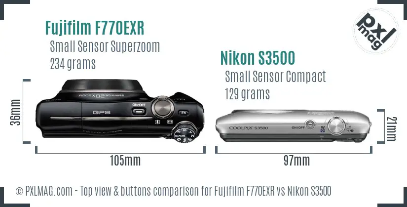 Fujifilm F770EXR vs Nikon S3500 top view buttons comparison