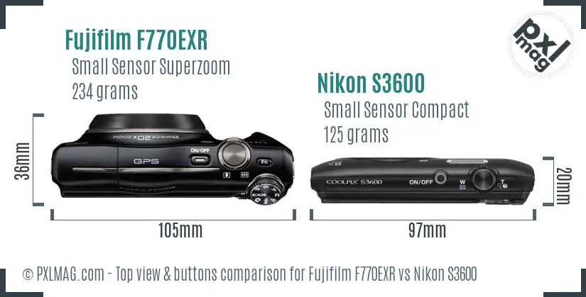 Fujifilm F770EXR vs Nikon S3600 top view buttons comparison