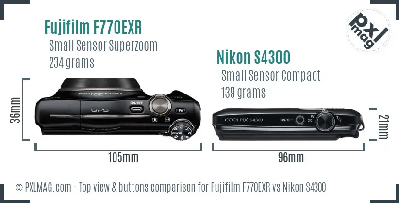 Fujifilm F770EXR vs Nikon S4300 top view buttons comparison Fujifilm F770EXR vs Nikon S4300 top view buttons comparison