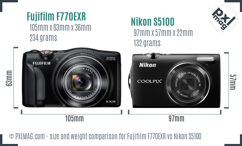 Fujifilm F770EXR vs Nikon S5100 size comparison