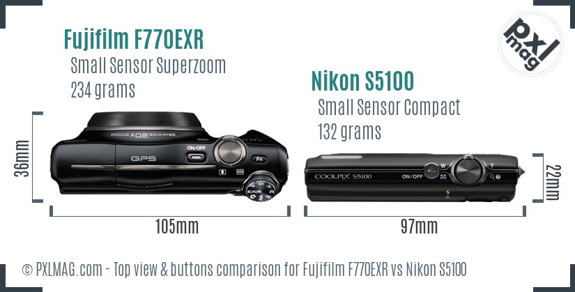 Fujifilm F770EXR vs Nikon S5100 top view buttons comparison