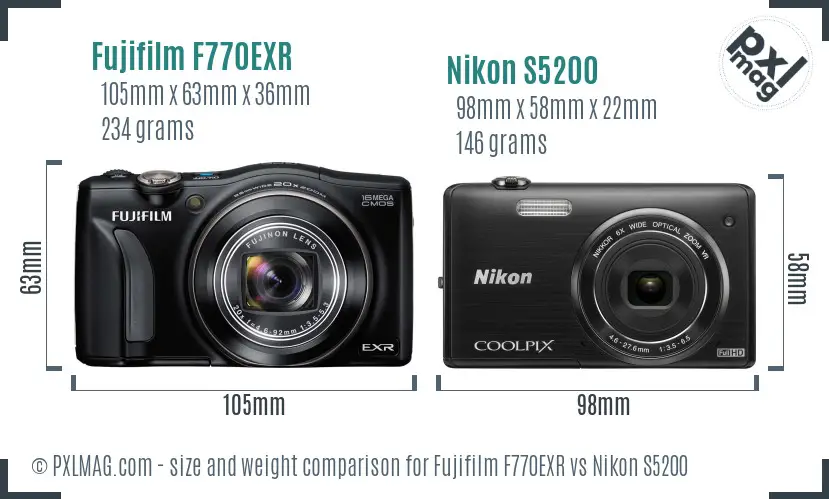 Fujifilm F770EXR vs Nikon S5200 size comparison
