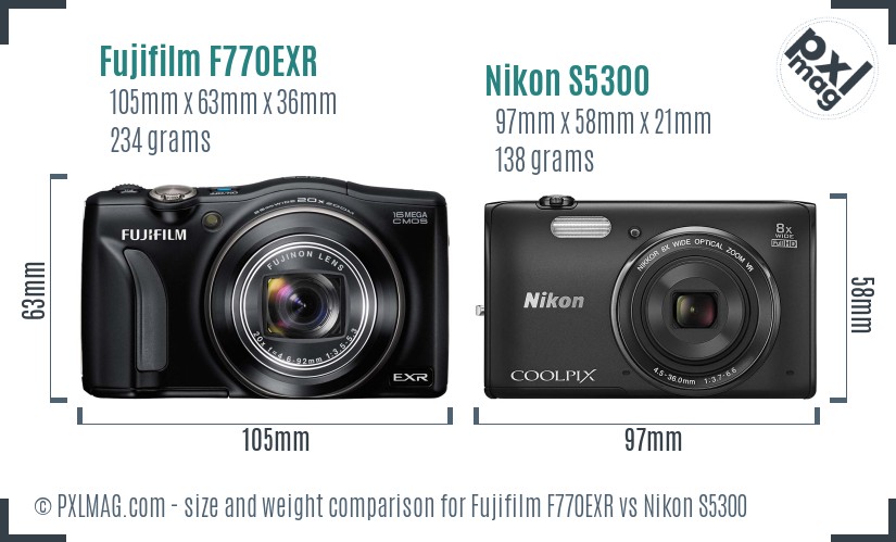 Fujifilm F770EXR vs Nikon S5300 size comparison