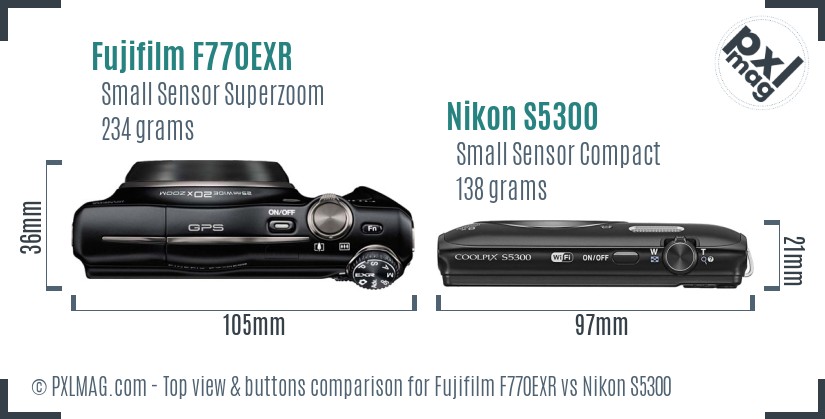 Fujifilm F770EXR vs Nikon S5300 top view buttons comparison
