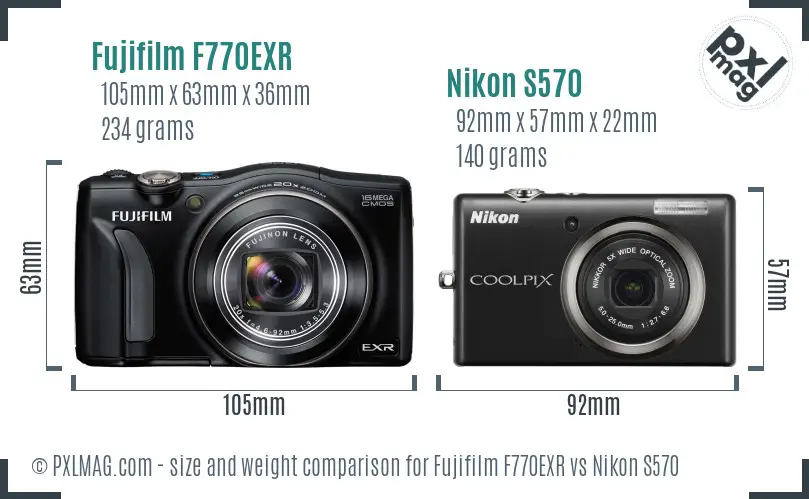 Fujifilm F770EXR vs Nikon S570 size comparison