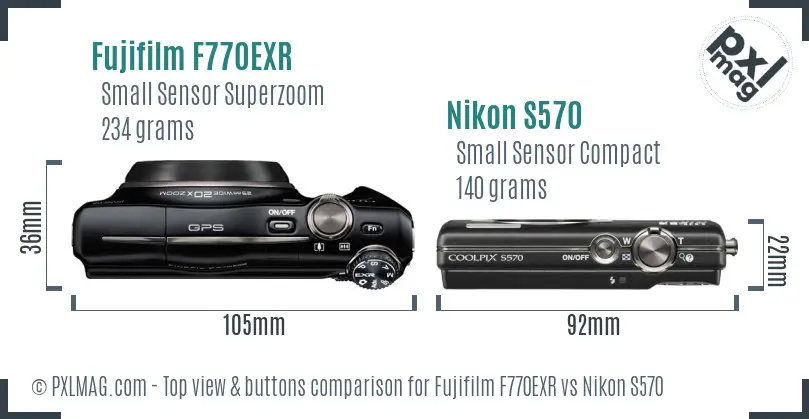 Fujifilm F770EXR vs Nikon S570 top view buttons comparison