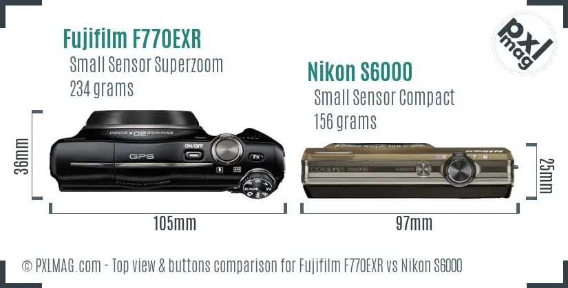 Fujifilm F770EXR vs Nikon S6000 top view buttons comparison