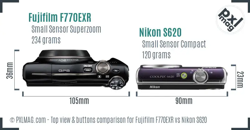 Fujifilm F770EXR vs Nikon S620 top view buttons comparison Fujifilm F770EXR vs Nikon S620 top view buttons comparison