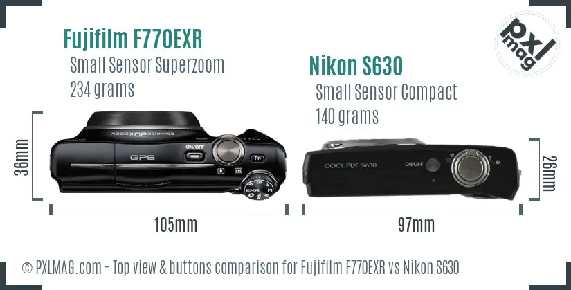 Fujifilm F770EXR vs Nikon S630 top view buttons comparison