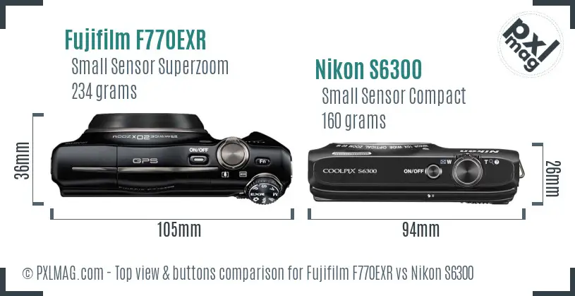 Fujifilm F770EXR vs Nikon S6300 top view buttons comparison