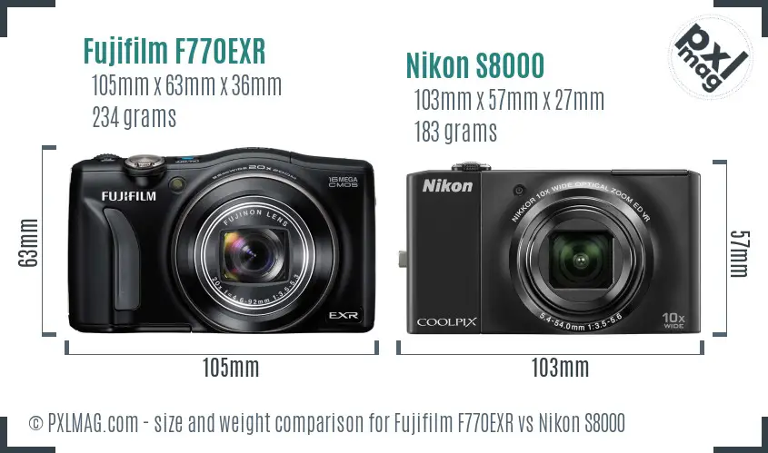 Fujifilm F770EXR vs Nikon S8000 size comparison