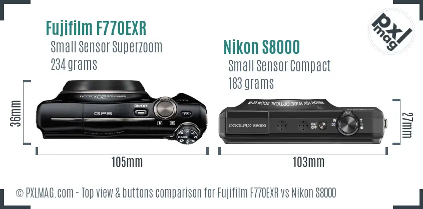 Fujifilm F770EXR vs Nikon S8000 top view buttons comparison