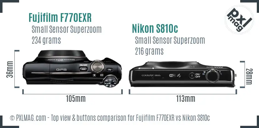 Fujifilm F770EXR vs Nikon S810c top view buttons comparison