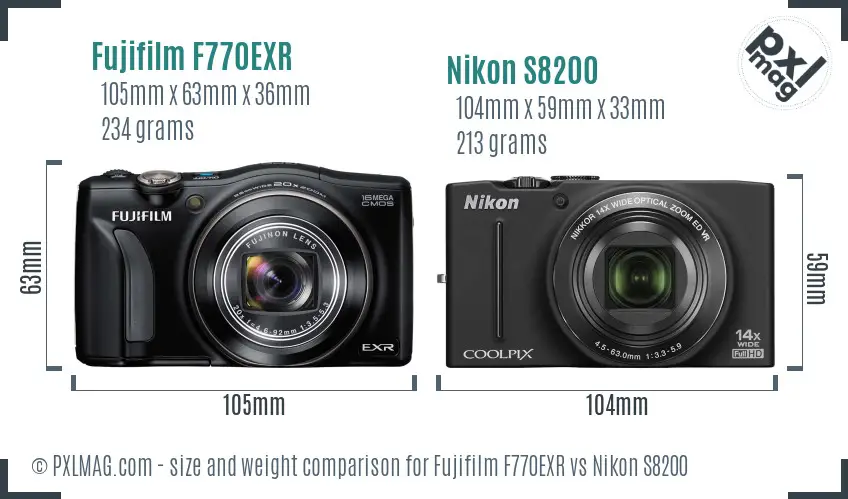 Fujifilm F770EXR vs Nikon S8200 size comparison