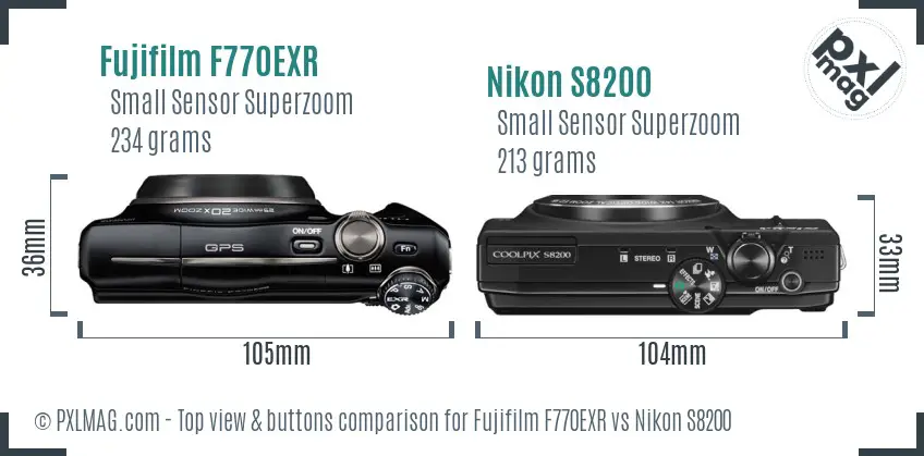 Fujifilm F770EXR vs Nikon S8200 top view buttons comparison