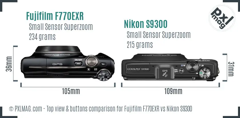 Fujifilm F770EXR vs Nikon S9300 top view buttons comparison