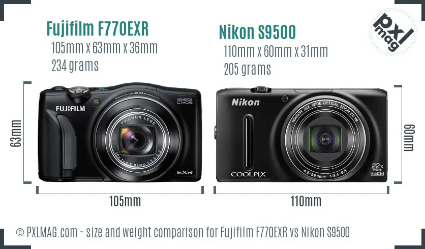 Fujifilm F770EXR vs Nikon S9500 size comparison