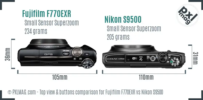 Fujifilm F770EXR vs Nikon S9500 top view buttons comparison