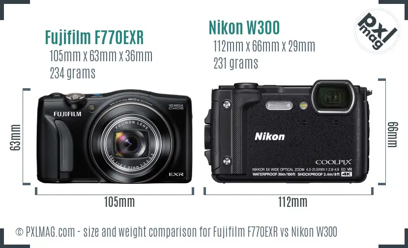 Fujifilm F770EXR vs Nikon W300 size comparison
