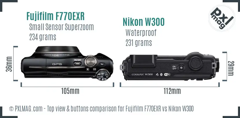 Fujifilm F770EXR vs Nikon W300 top view buttons comparison