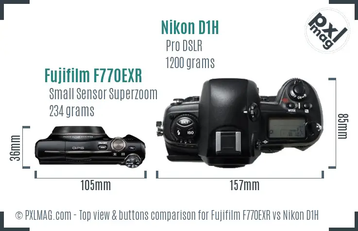 Fujifilm F770EXR vs Nikon D1H top view buttons comparison
