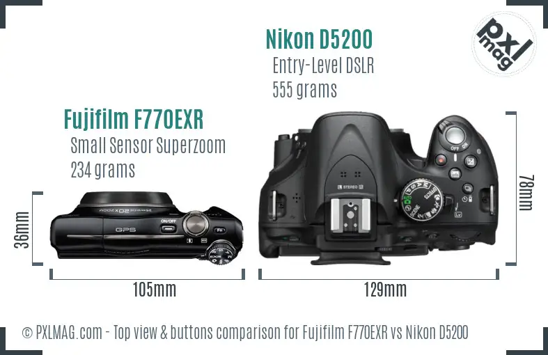 Fujifilm F770EXR vs Nikon D5200 top view buttons comparison