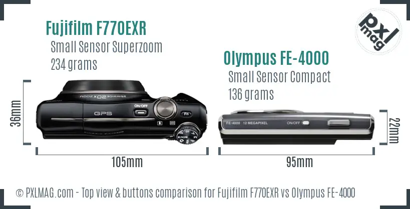 Fujifilm F770EXR vs Olympus FE-4000 top view buttons comparison Fujifilm F770EXR vs Olympus FE-4000 top view buttons comparison