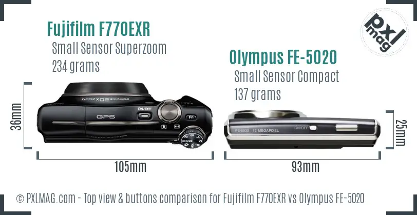 Fujifilm F770EXR vs Olympus FE-5020 top view buttons comparison Fujifilm F770EXR vs Olympus FE-5020 top view buttons comparison