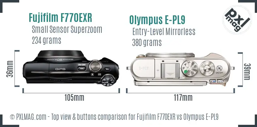 Fujifilm F770EXR vs Olympus E-PL9 top view buttons comparison