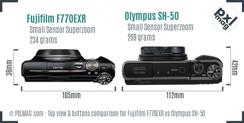 Fujifilm F770EXR vs Olympus SH-50 top view buttons comparison