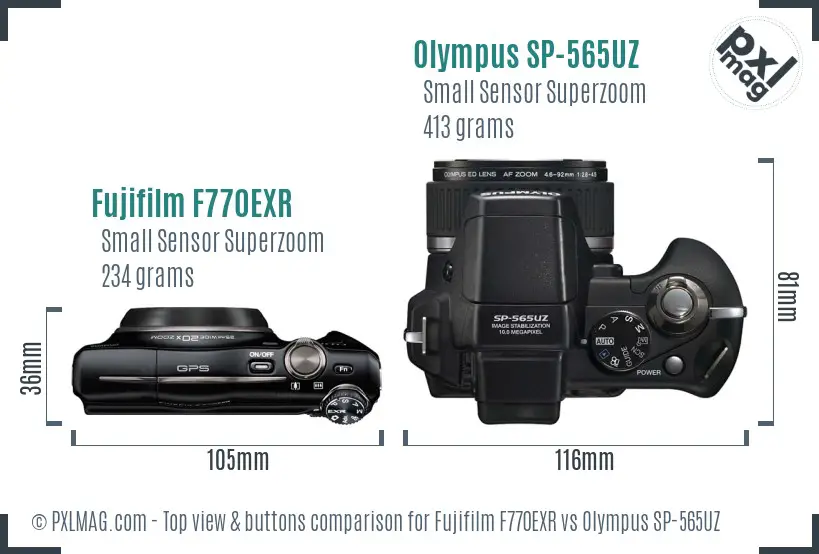 Fujifilm F770EXR vs Olympus SP-565UZ top view buttons comparison