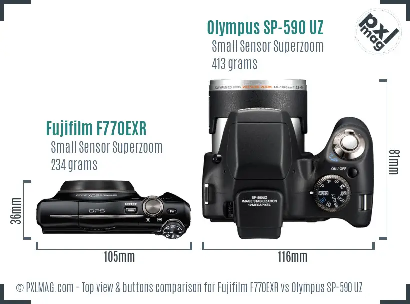 Fujifilm F770EXR vs Olympus SP-590 UZ top view buttons comparison
