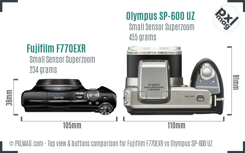 Fujifilm F770EXR vs Olympus SP-600 UZ top view buttons comparison