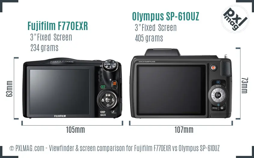 Fujifilm F770EXR vs Olympus SP-610UZ Screen and Viewfinder comparison