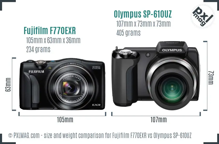Fujifilm F770EXR vs Olympus SP-610UZ size comparison