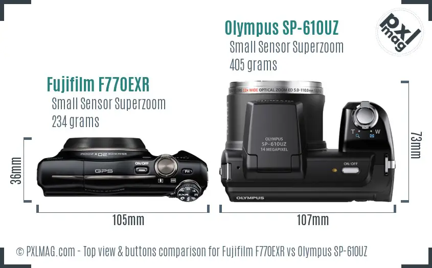 Fujifilm F770EXR vs Olympus SP-610UZ top view buttons comparison