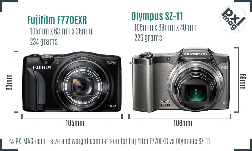 Fujifilm F770EXR vs Olympus SZ-11 size comparison