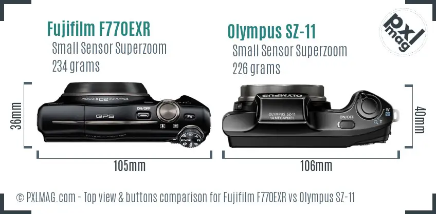 Fujifilm F770EXR vs Olympus SZ-11 top view buttons comparison