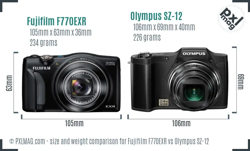 Fujifilm F770EXR vs Olympus SZ-12 size comparison