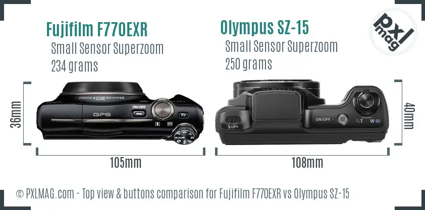 Fujifilm F770EXR vs Olympus SZ-15 top view buttons comparison