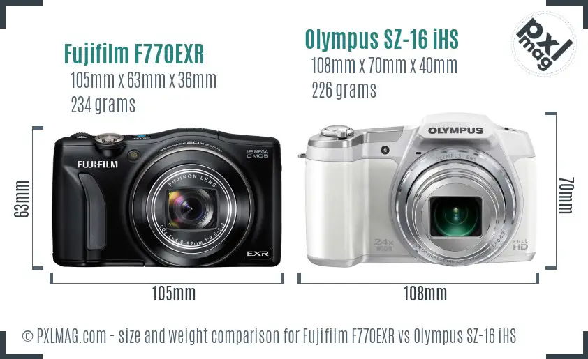 Fujifilm F770EXR vs Olympus SZ-16 iHS size comparison