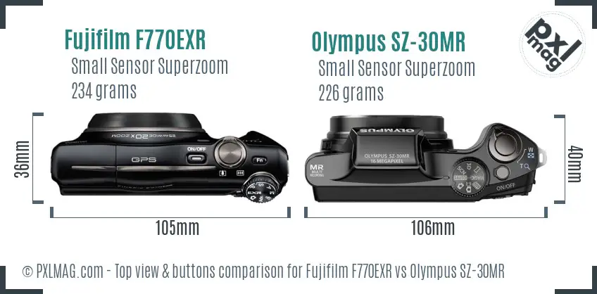 Fujifilm F770EXR vs Olympus SZ-30MR top view buttons comparison