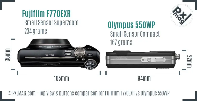 Fujifilm F770EXR vs Olympus 550WP top view buttons comparison