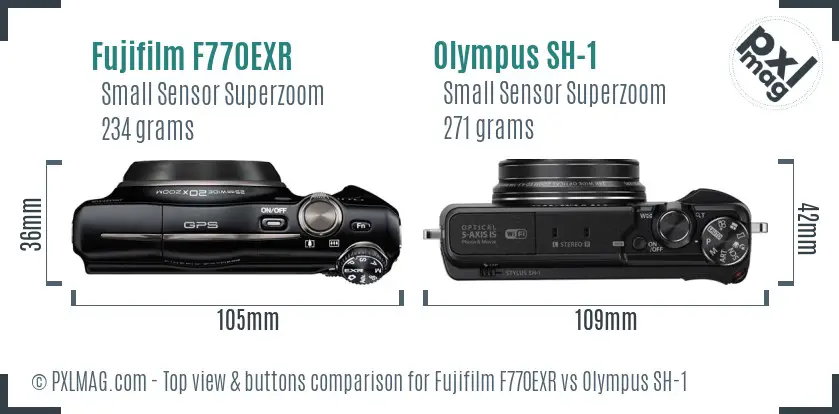 Fujifilm F770EXR vs Olympus SH-1 top view buttons comparison
