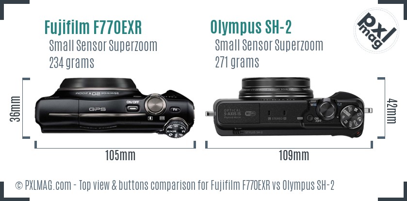 Fujifilm F770EXR vs Olympus SH-2 top view buttons comparison