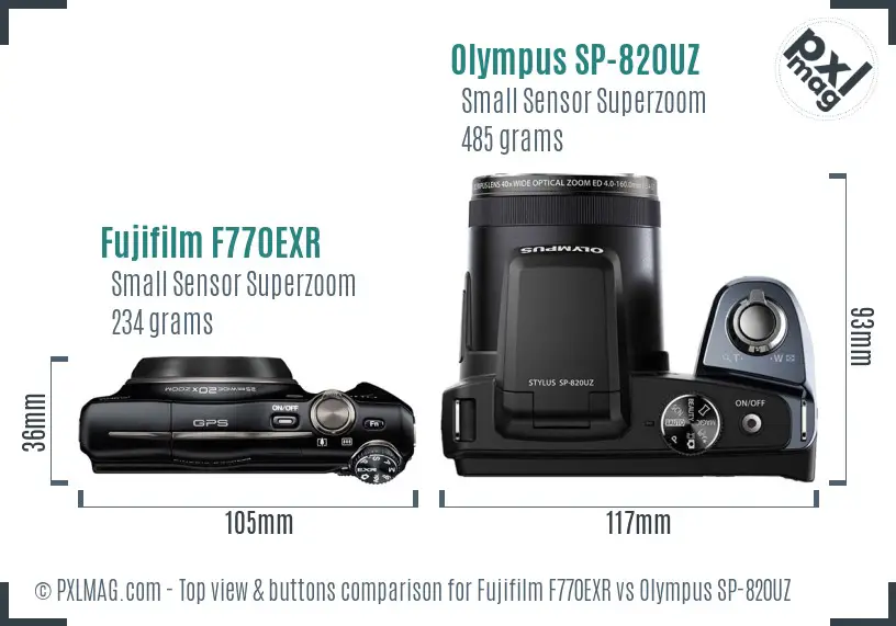 Fujifilm F770EXR vs Olympus SP-820UZ top view buttons comparison Fujifilm F770EXR vs Olympus SP-820UZ top view buttons comparison